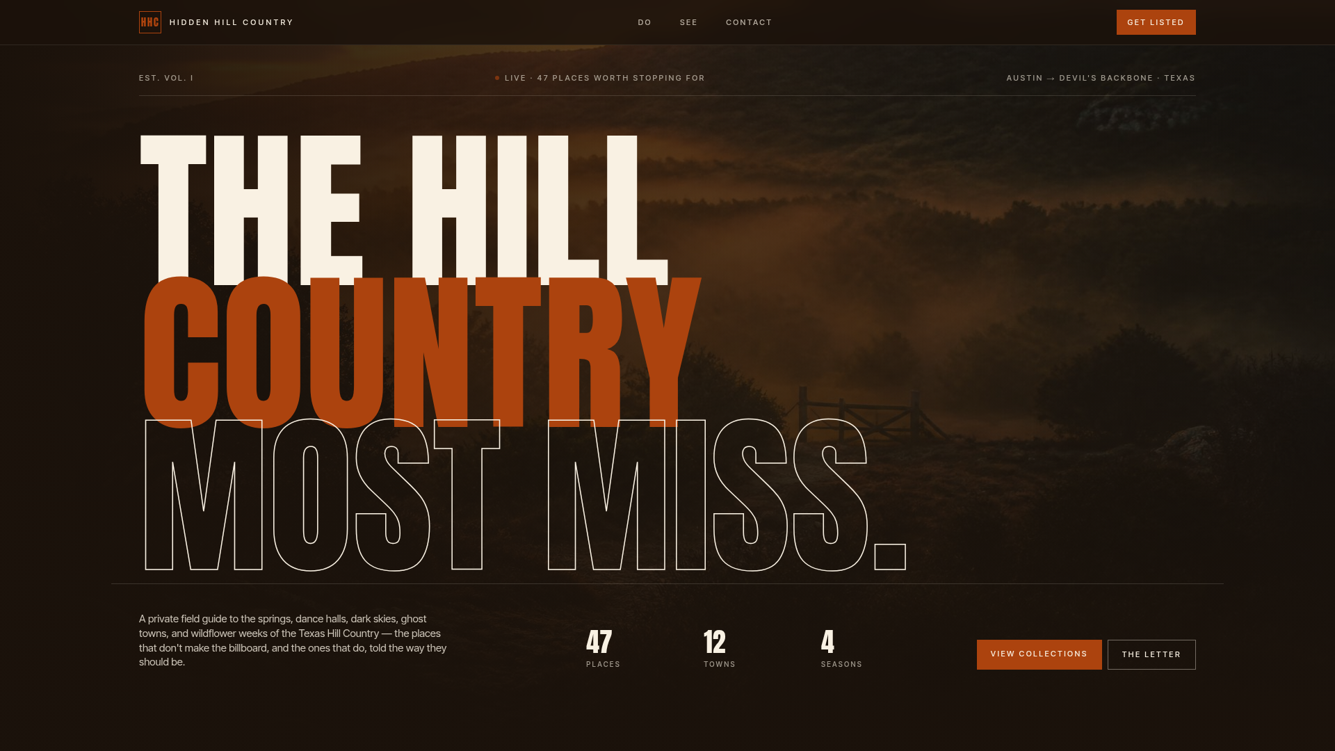HiddenHillCountry.com homepage — field guide to the places most people miss