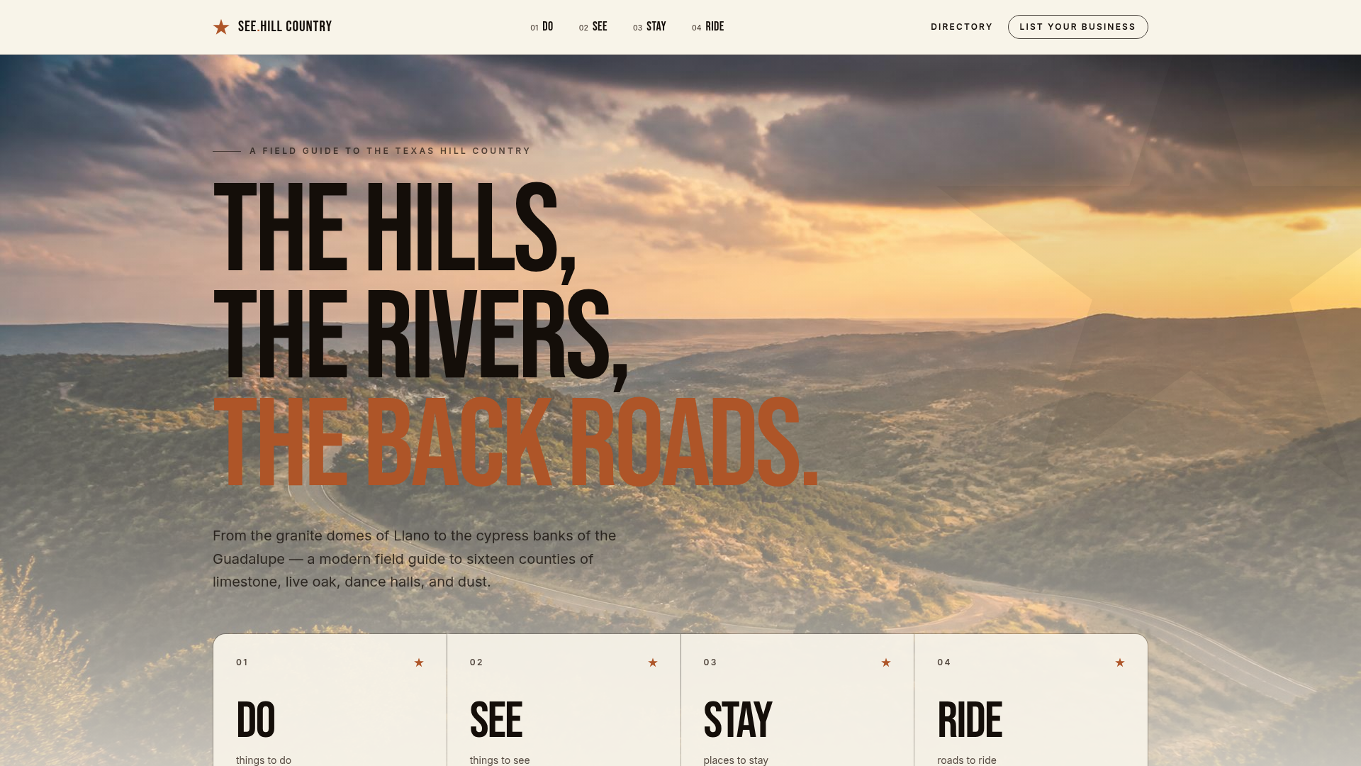SeeHillCountry.com homepage — scenic Hill Country landscape and field guide