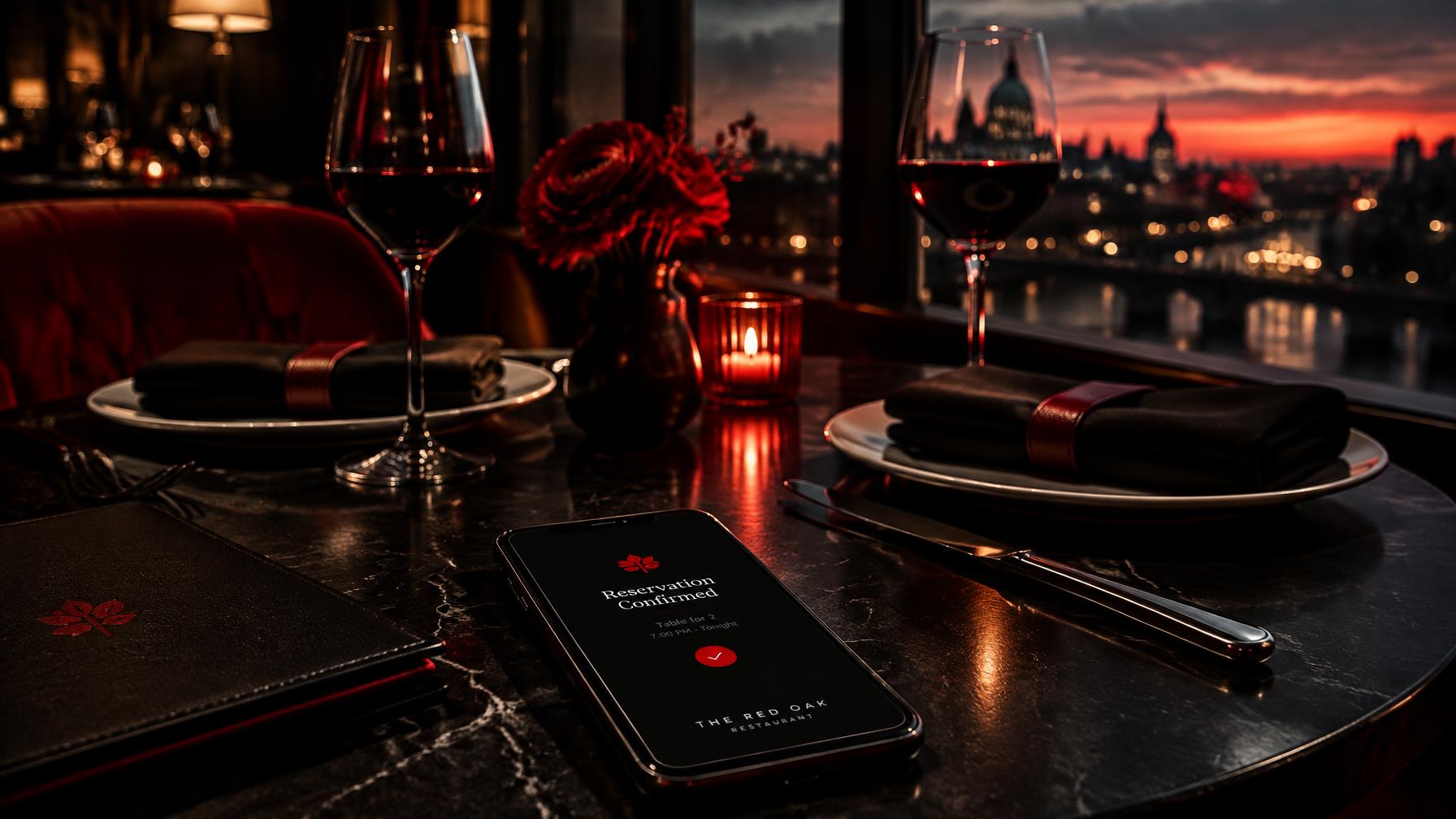 An elegantly set restaurant table at dusk with a smartphone showing a branded reservation confirmation in red and black