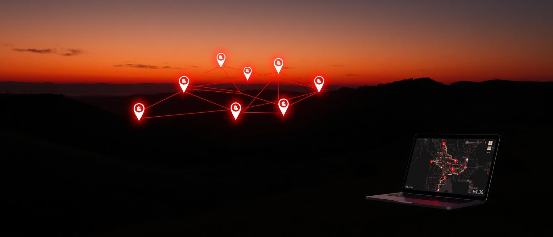 Hill Country business network with connected location pins across the Texas Hill Country