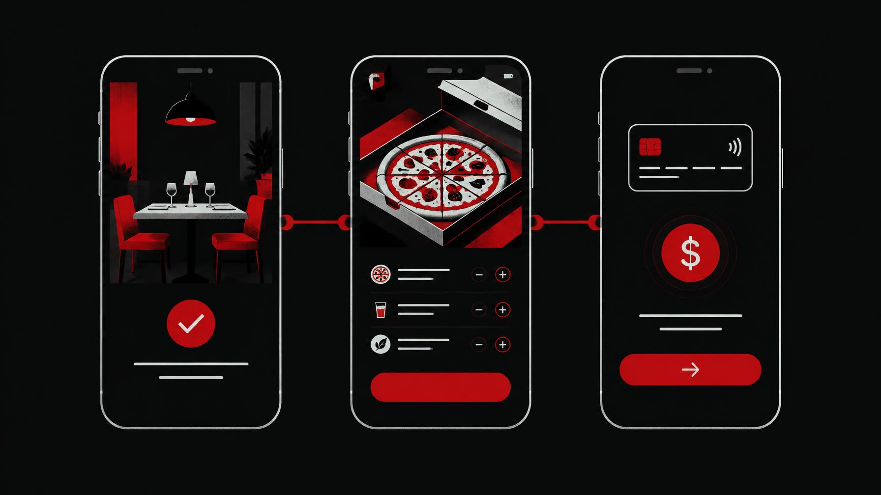 Three smartphones connected in a row on a black background: a restaurant reservation confirmation, a food order screen, and a payment request screen with a red pay button