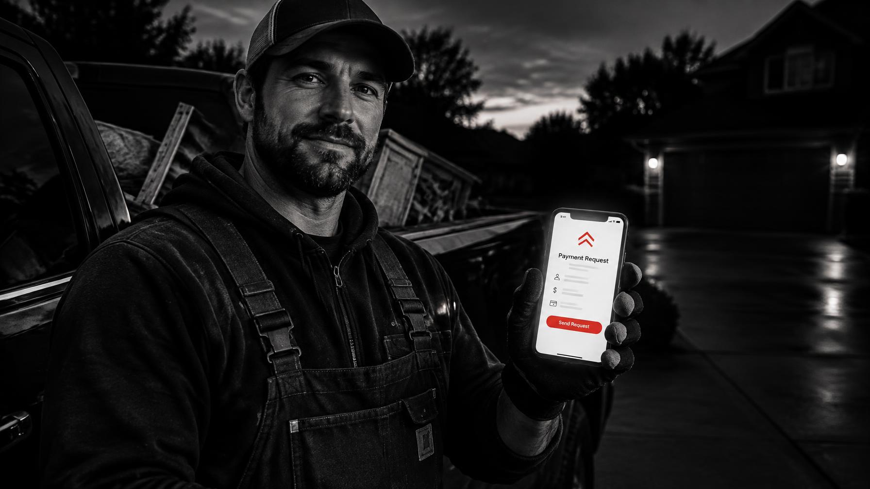 A contractor beside a pickup truck at dusk holding a smartphone showing a branded payment request screen with a red Send Request button